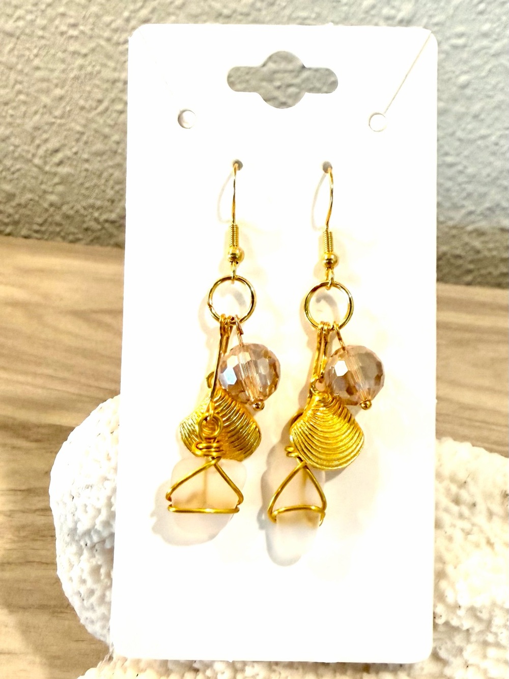 32. Gold-Tone Shell, light pink sea glass & Faceted Bead Drop Earrings